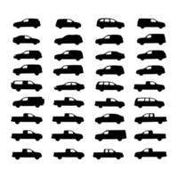 Silhouetted car icons that are quite generic, representing a variety of vehicles such as family cars of all sizes, SUVs, MPVs, and pickups. vector