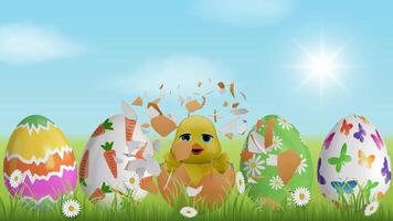 easter animated banner with colorful eggs and cute chick in a hatching egg. video