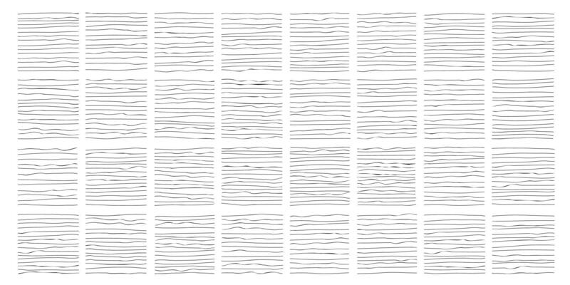 Horisontal hand drawn pencil lines, hatched squares isolated on white