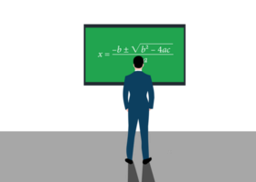 a man in a suit is standing in front of a green board with a formula png
