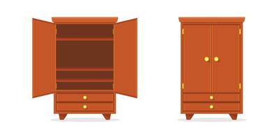 Two wooden armoires with doors open and closed vector