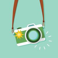 A camera hanging from a strap on a blue background vector