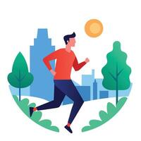 Man Running Flat Illustration, Cityscape Background, Sunlight, Design vector