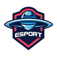 Stylized Blue UFO Spaceship Overlying Dark Blue Esport Emblem Design Badge on White vector