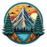 Mountain Peak at Sunset with Lake, Forest, and Rocks in Circle vector