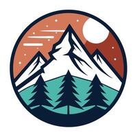 Mountain Peaks and Evergreen Trees in Retro Circle Badge Style vector