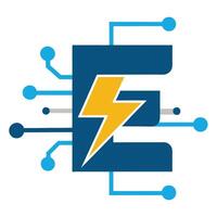 Abstract 'E' Letter Symbol with Lightning Bolt and Tech Circuitry on White vector