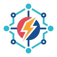 Geometric Lightning Bolt Logo in Red, Blue, Orange Circles and Blue Lines on White vector