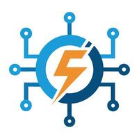 Tech Bolt Circuit Icon Orange Lightning Bolt on Blue Network, White Background vector