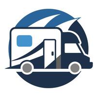 Stylized RV Camper Logo Design on Circular Blue Background with White Accents vector