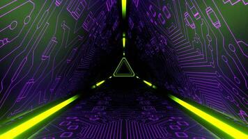 roxa e luz verde energia fluindo através a triangular cyber túnel fundo vj ciclo dentro 4k video