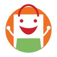 Smiling Shopping Bag Icon, Red Handle and Mouth, Orange Circle, White Background vector