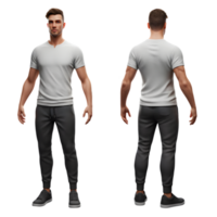 Man in white tee and dark joggers shown in front and back angles png
