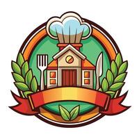 Chef Hat Building with Fork and Knife and Green Wreath Cartoon Isolated on White vector