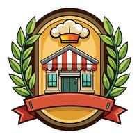 Cartoon store facade with awning, chef hat, laurel wreath, and ribbon on white vector
