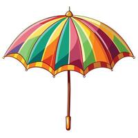 Cartoonish Umbrella with Colorful Stripes and a Wooden Handle on White Background vector