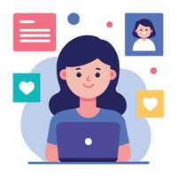 Flat of Girl with Laptop and Icons in Colorful Minimalist Style vector