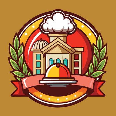 Classic Food Building with Olive Branch and Serving Dish on a Warm Brown Background