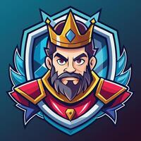 Cartoon King Mascot with Beard, Golden Crown, Red Armor on Shield Background vector