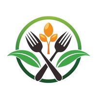 Crossed Forks with Leaves and Circle on White Background vector