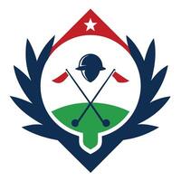 Blue Helmet with Golf Sticks, Red Flags, Star and Laurel Wreath Design vector