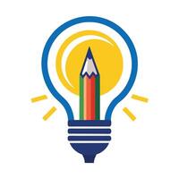 Conceptual Idea Pencil in Light Bulb with Blue Outline on White Background vector