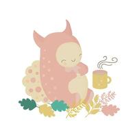 Illustration of a friendly pink monster enjoying a mug of hot cocoa in a park vector