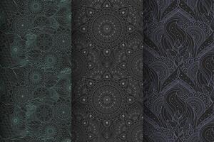 Set of oriental ethnic seamless patterns in a dark color palette with plants and abstract ornaments vector