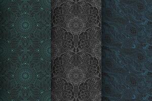 Set of oriental ethnic seamless patterns in a dark color scheme with leaves and abstract drawings vector
