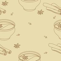 Editable Seamless Pattern of Outline Style Indian Masala Chai in Pottery Cup with Assorted Herb Spices Vectorized Illustration for Creating Background of South Asian Culture and Tradition Beverages vector
