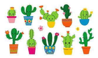 Cute doodle flat . illustration set of funny cactus characters in cartoon style isolated on white background vector