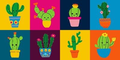Cute cactus seamless pattern on colorful backgrpond . Botanical cute character illustration for textile wallpaper texture on your project. vector