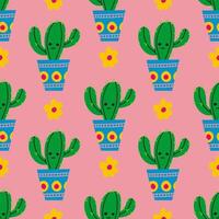 Cute cactus seamless pattern on pink . Botanical cute character illustration for textile wallpaper texture on your project. vector
