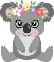 Adorable koala sitting with wreath floral on head vector