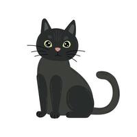 Black cartoon cat with green eyes and sleek fur sits calmly in a minimal flat sketch, ideal for Halloween prints, pet-themed designs, or character art vector