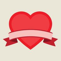 Flat Red Heart with Ribbon and Outline on Cream Background Love Icon vector