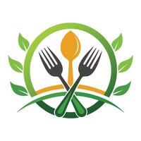 Spoon and Forks Crossed with Green Leaves Circle Design Element Isolated vector