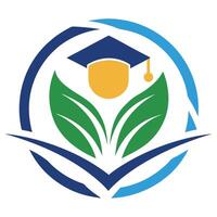 Education Graduation Cap with Green Leaves Circle Design on White Background vector