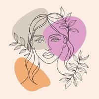 Line Art Woman Face Portrait with Abstract Shapes and Botanical on Beige Background vector