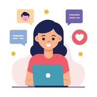 Smiling Brunette with Laptop surrounded by Chat Bubbles Flat Style Design vector