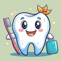 Smiling Tooth Character Holding Toothbrush and Bag on a Pale Green Background vector