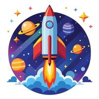 Rocket Launching Through Planets and Stars Cartoon Isolated vector