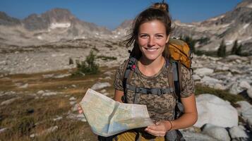 Brunette woman exploring rocky mountains while holding a map and smiling in natural light photo