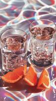 Refreshing still life arrangement featuring glasses of sparkling water and orange slices under vibrant light photo