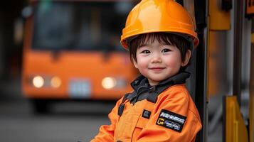 Cute Japanese boy in bus mechanics uniform poses cheerfully with bright orange bus in the background photo