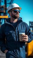 Port worker enjoys coffee break while observing cargo operations at shipping dock photo