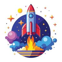 Rocket Launching with Flames, Clouds, Stars, Planet against Dark Blue Background vector