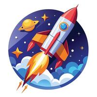 Cartoon Rocket Launching in Space with Planet, Stars, and Clouds vector