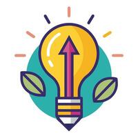 Stylized Lightbulb Icon with Arrow and Leaves on a Teal Circle Shape vector