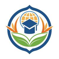 Education Icon with Graduation Cap, Globe, Leaves, Circle Border on White Background vector